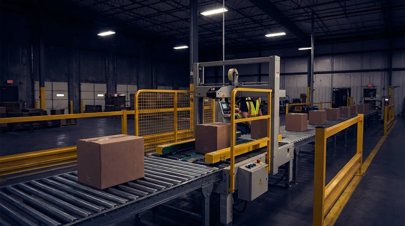 A semi-automatic carton sealer taping filled boxes on roller tables