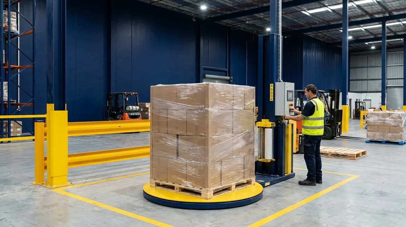 A semi-automatic turntable pallet wrapper wrapping a loaded pallet in stretch film in a warehouse