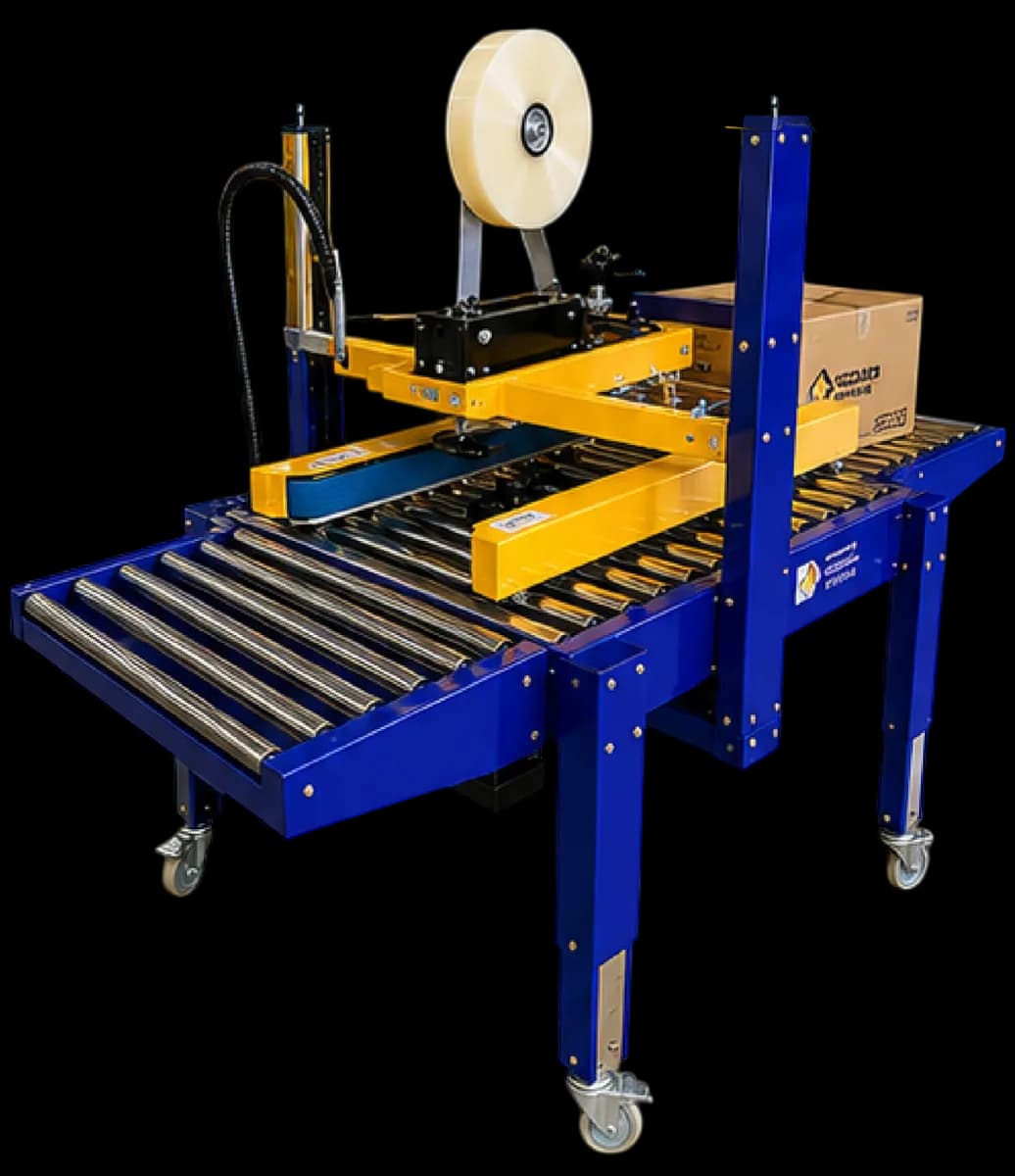 WP-103SD powdercoated semi-automatic carton sealer with roller tables