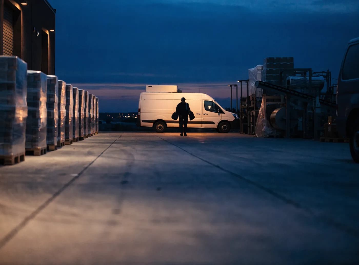 A WPS service technician walking to a work van at an industrial loading dock at dusk