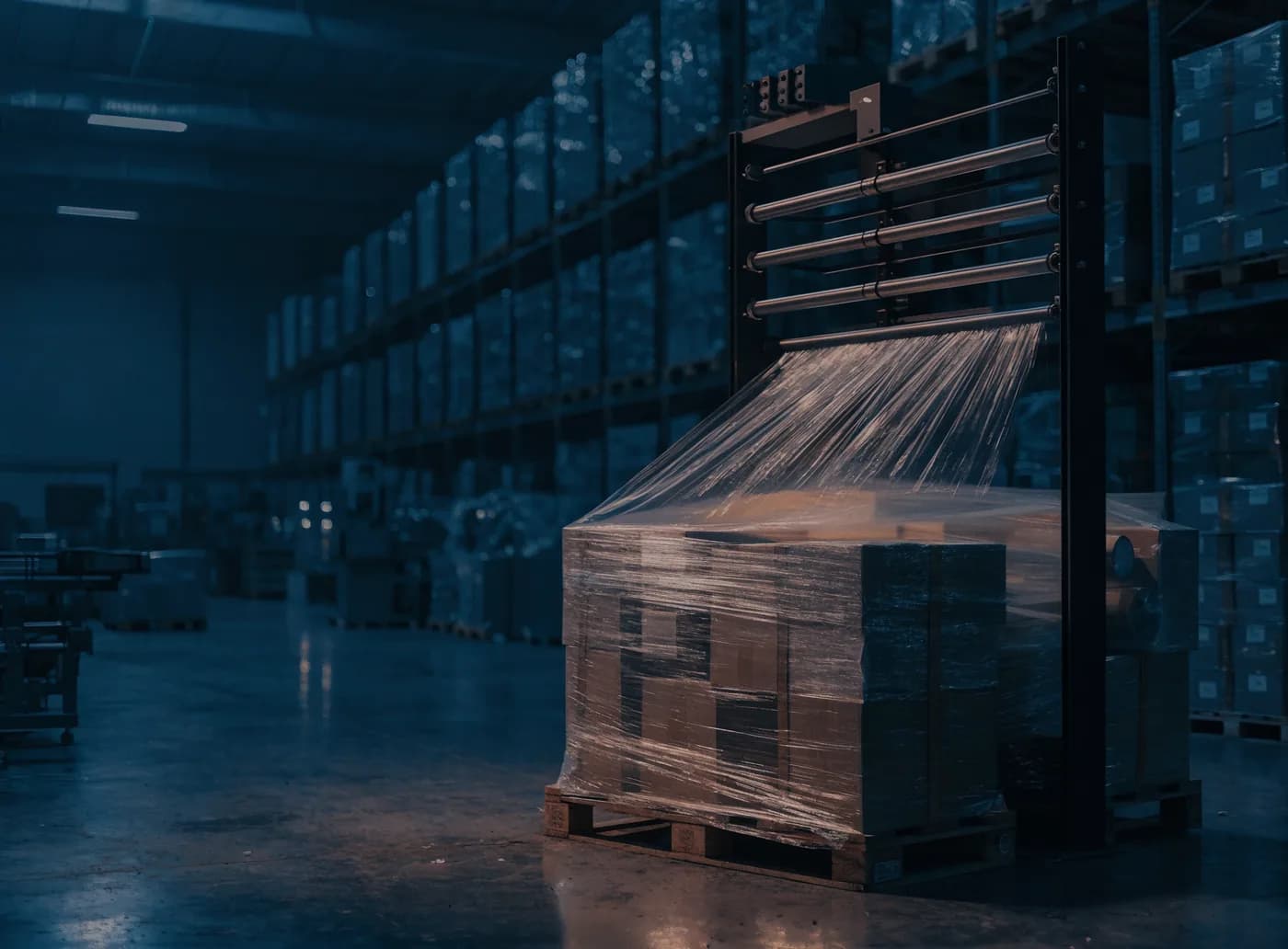 An automatic pallet wrapper wrapping a loaded pallet in stretch film on a warehouse line