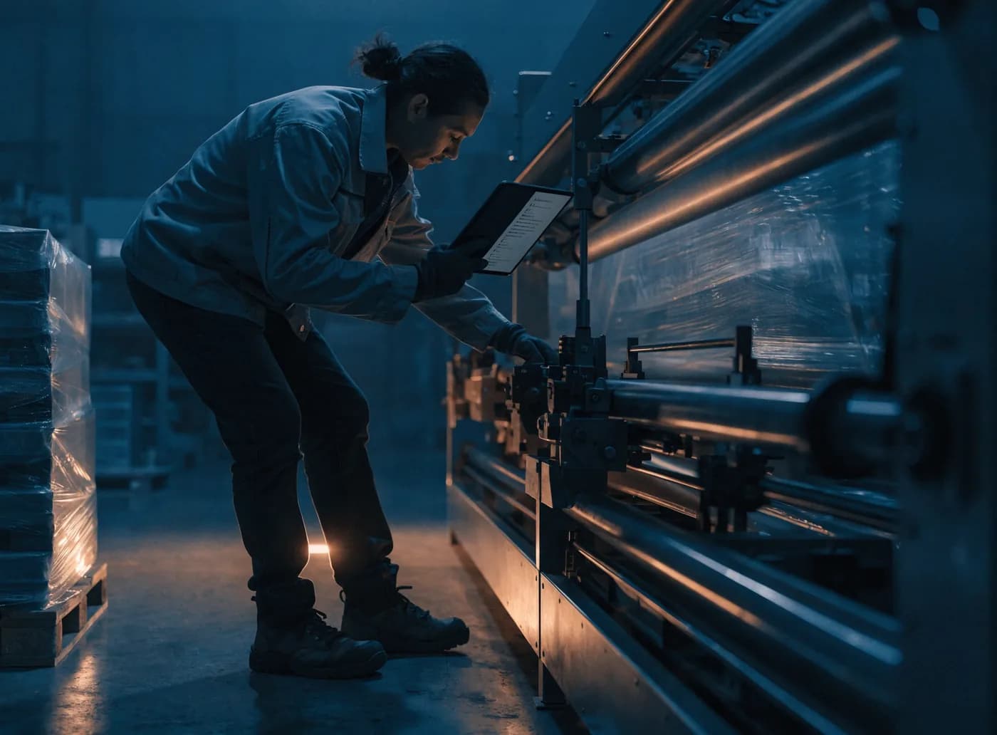 A technician carrying out a scheduled preventative maintenance service on packaging machinery