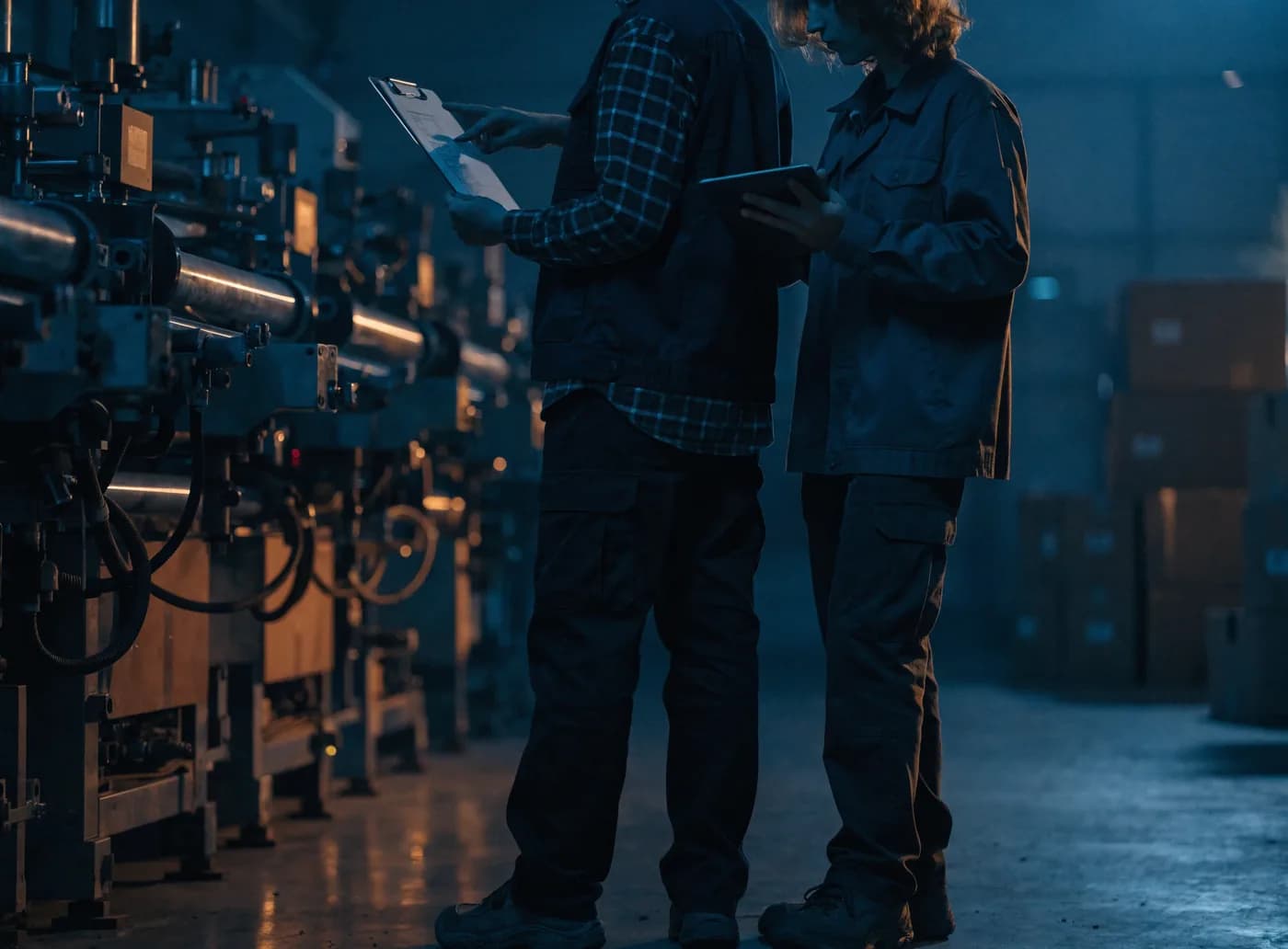 Two people reviewing a production line layout plan during application validation