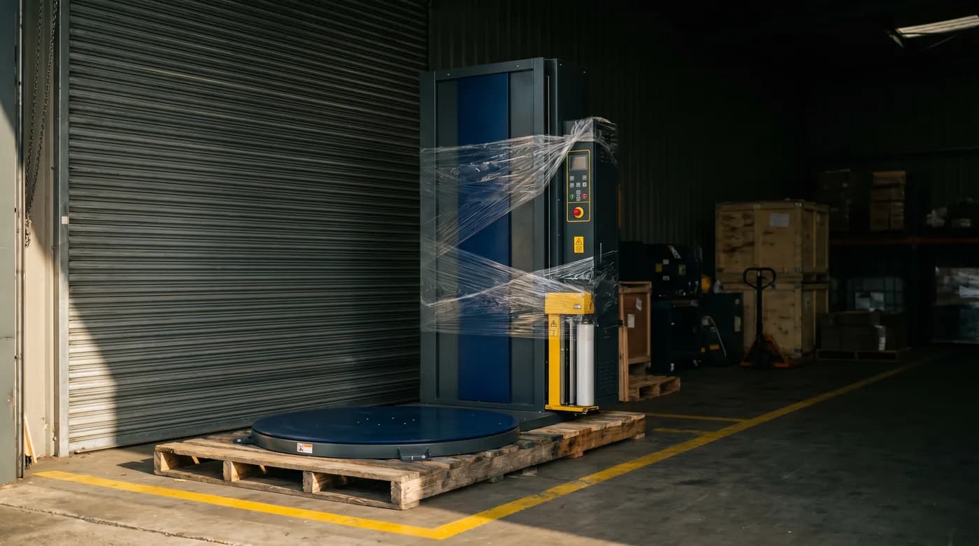 A semi-automatic pallet wrapper set up on a warehouse floor for short-term hire