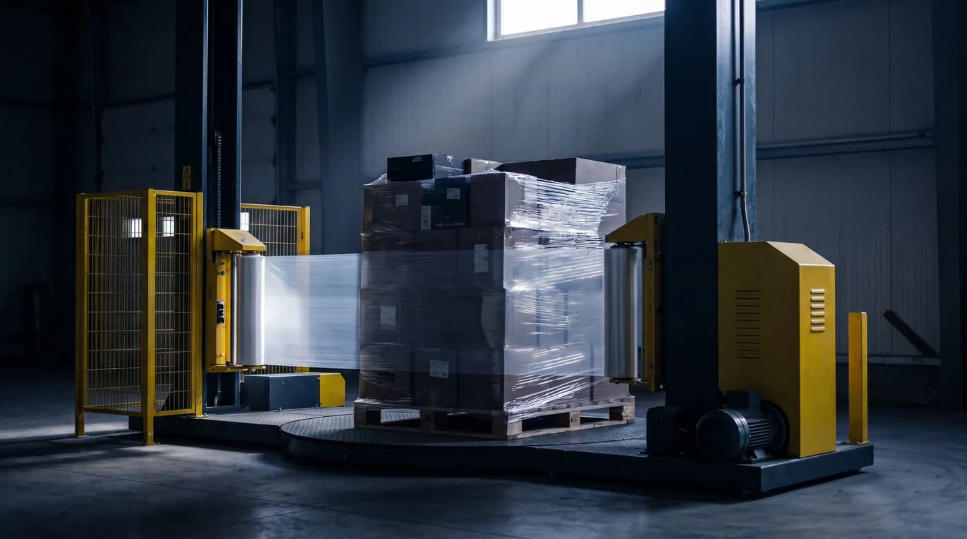 A fully automatic in-line pallet wrapper wrapping a loaded pallet on a conveyor in a warehouse