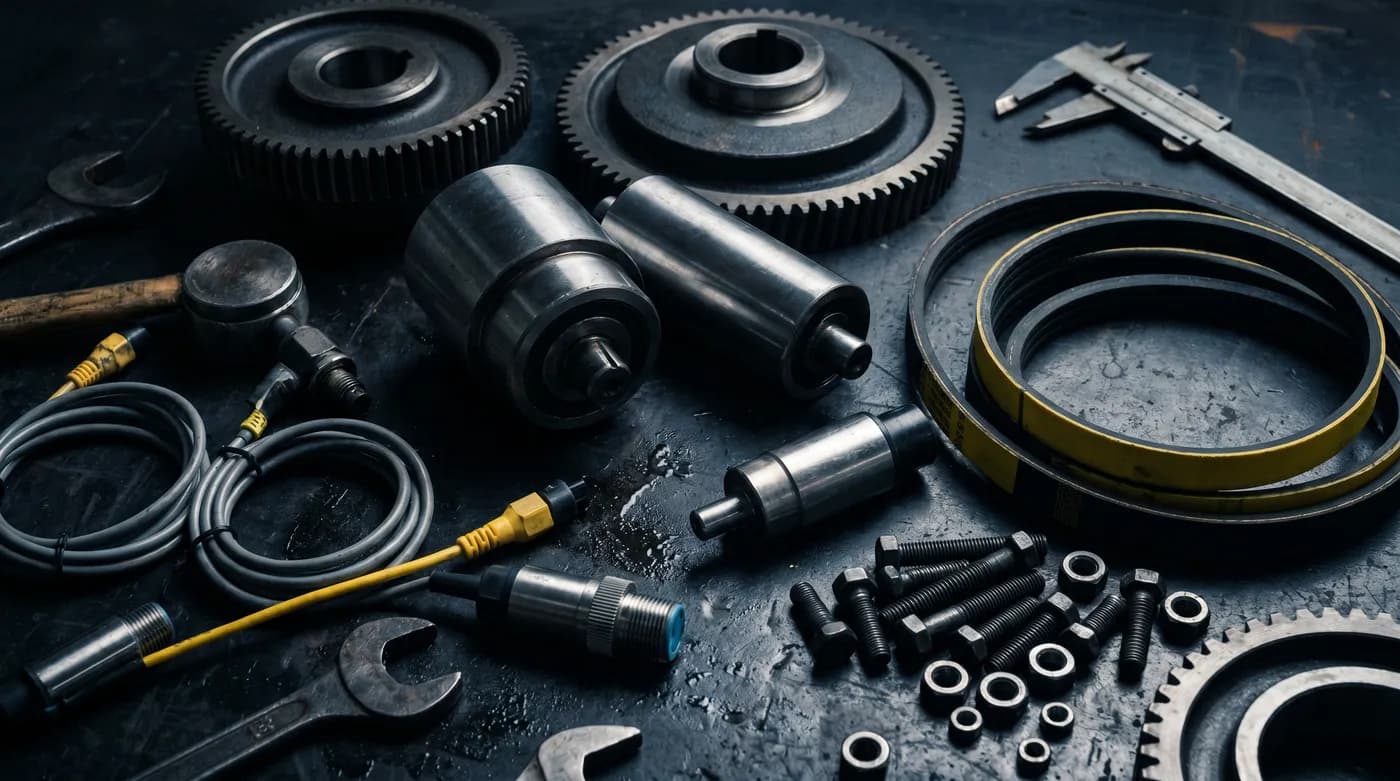 Industrial packaging machine spare parts laid out on a workbench