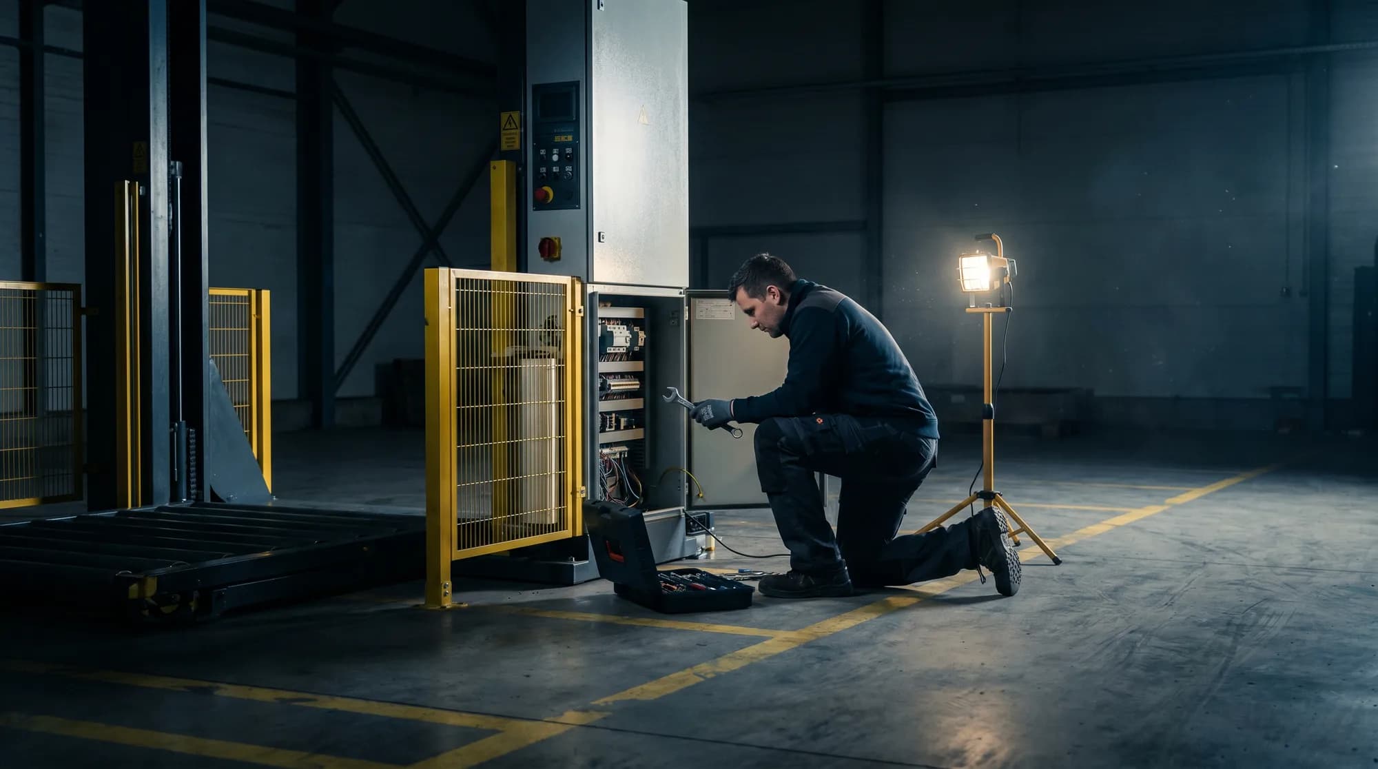 A WPS technician servicing end-of-line packaging machinery on a warehouse floor