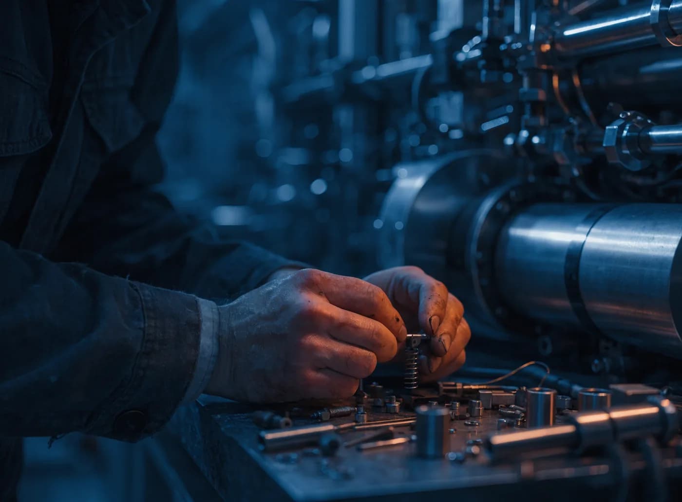 A technician diagnosing a fault on a pallet wrapping machine in a warehouse