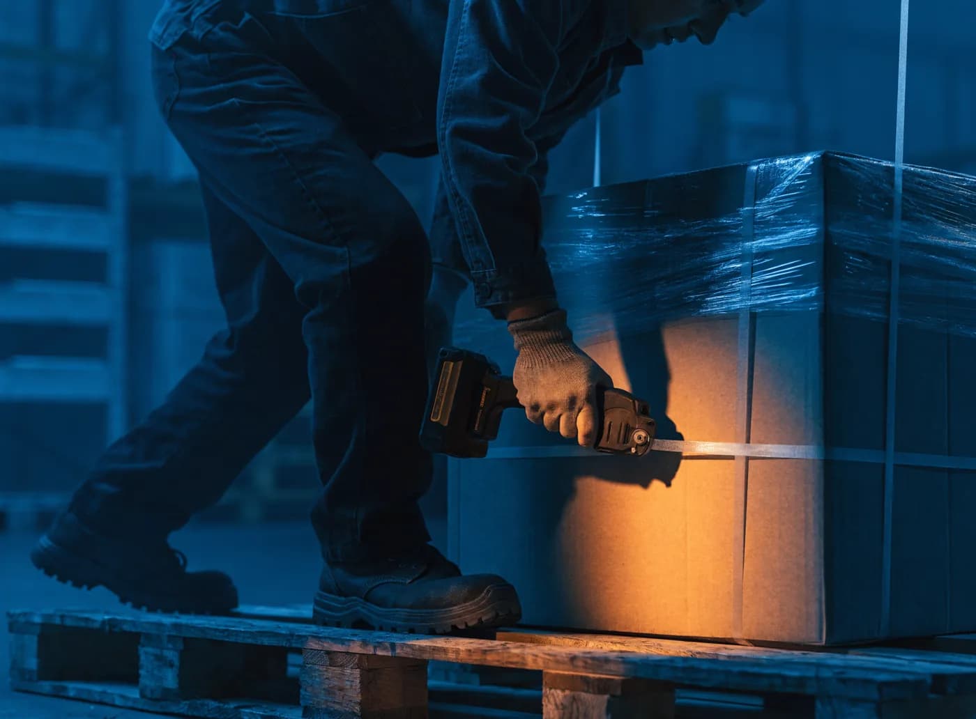 A warehouse operator using a cordless battery strapping tool to strap a pallet load