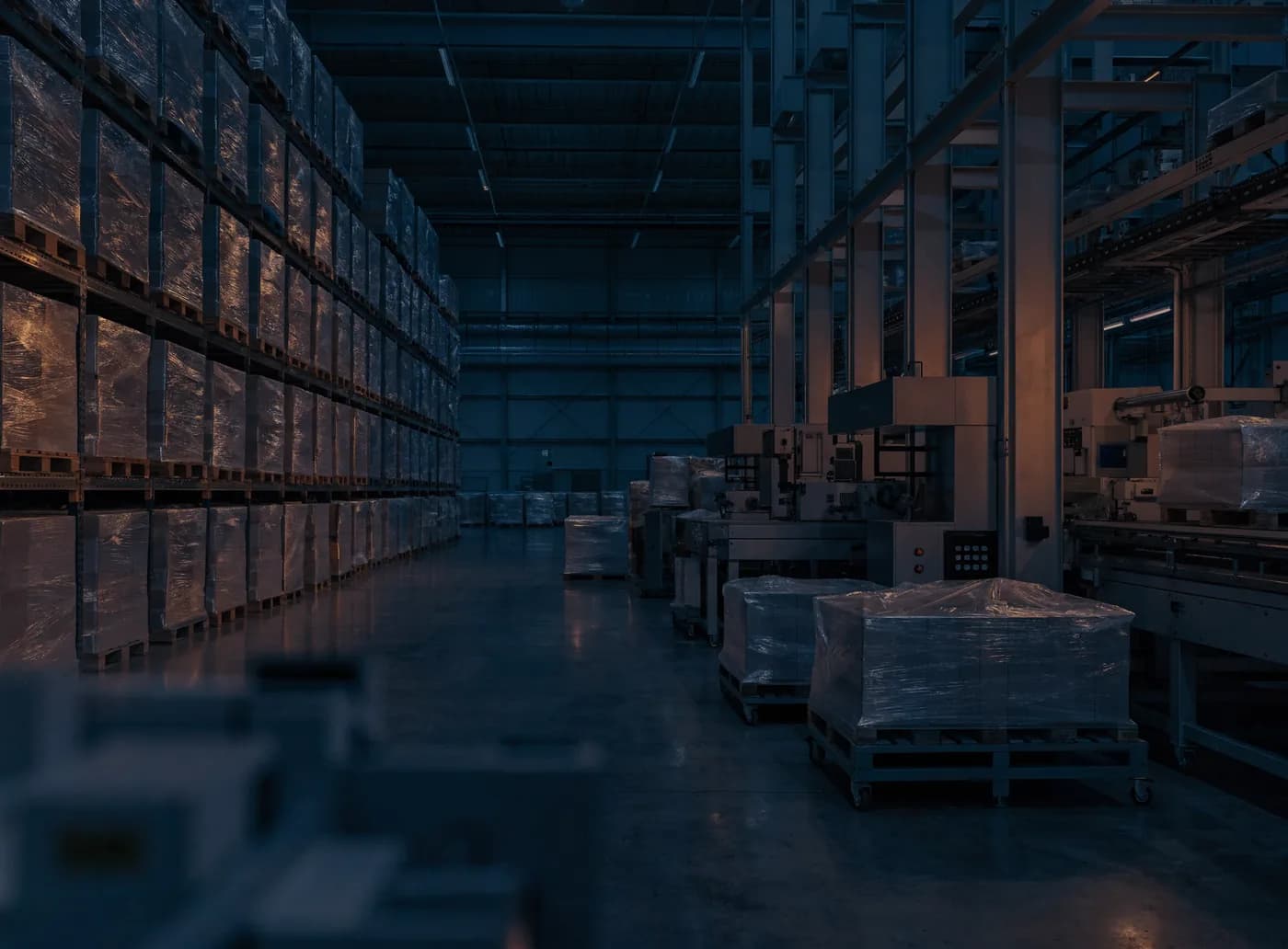 A wide industrial packaging warehouse with wrapped and strapped pallets staged for dispatch