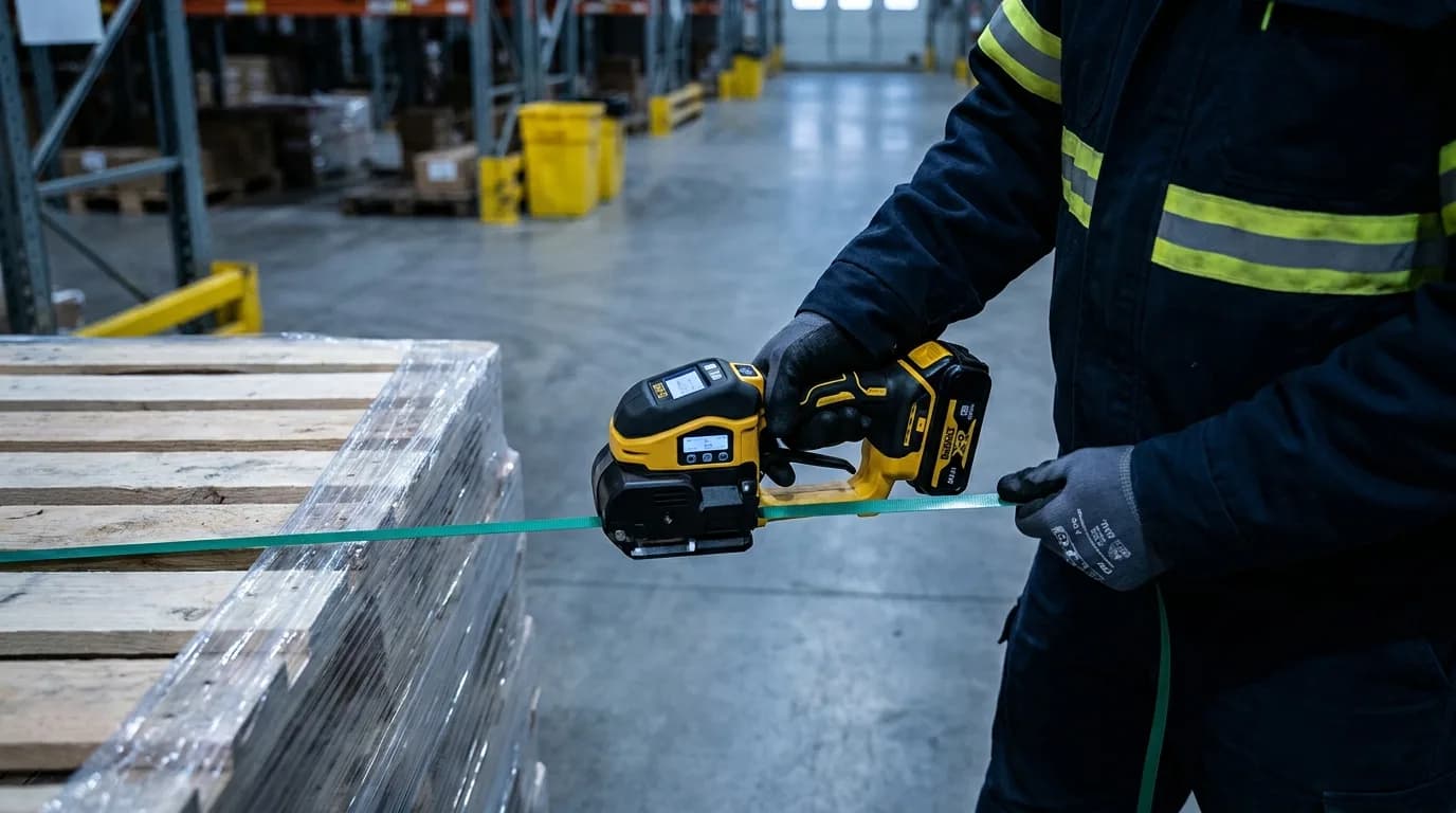 A worker tensioning PET strap around a pallet load with a cordless battery strapping tool