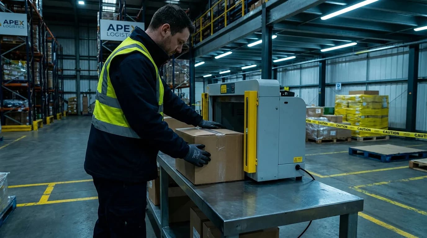 An operator strapping a carton on a semi-automatic polypropylene strapping machine