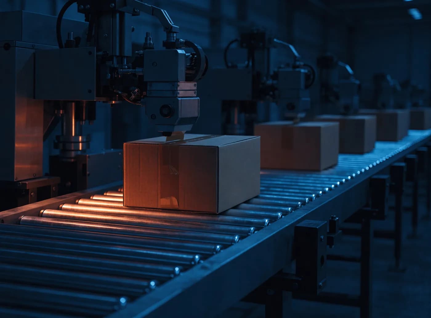 An automatic carton sealer taping filled boxes as they move along a conveyor