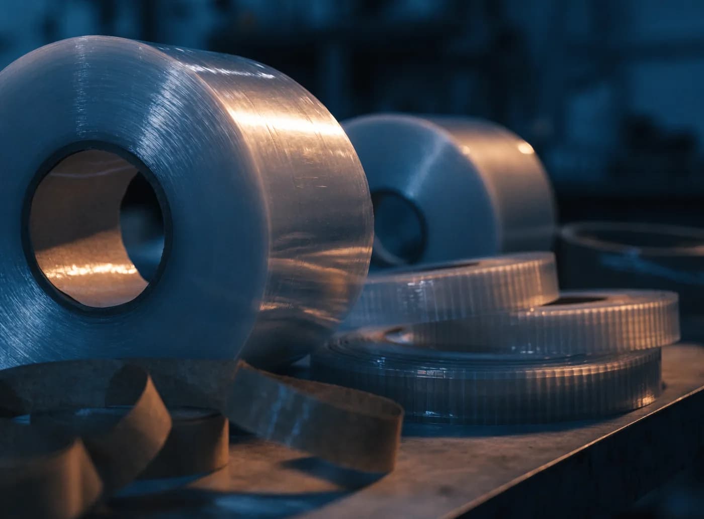 Packaging machine consumables and spare parts on a workbench, including film, strapping coils and tape