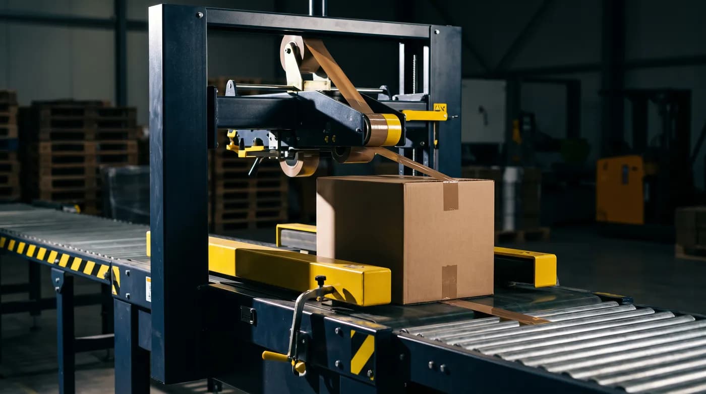 An automatic carton sealing machine taping the top seam of a filled carton on a conveyor