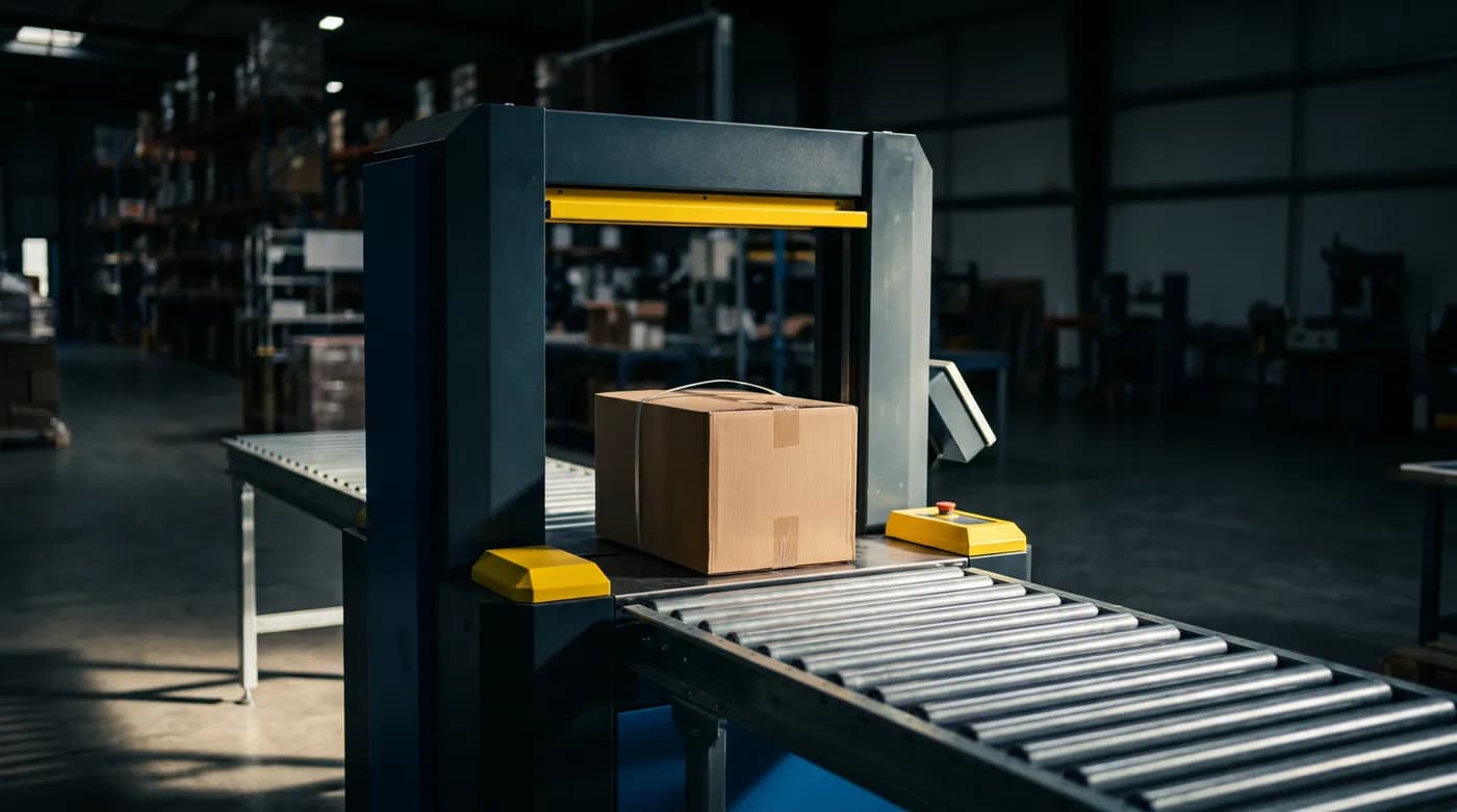 A semi-automatic strapping machine tensioning and sealing a plastic strap around a carton