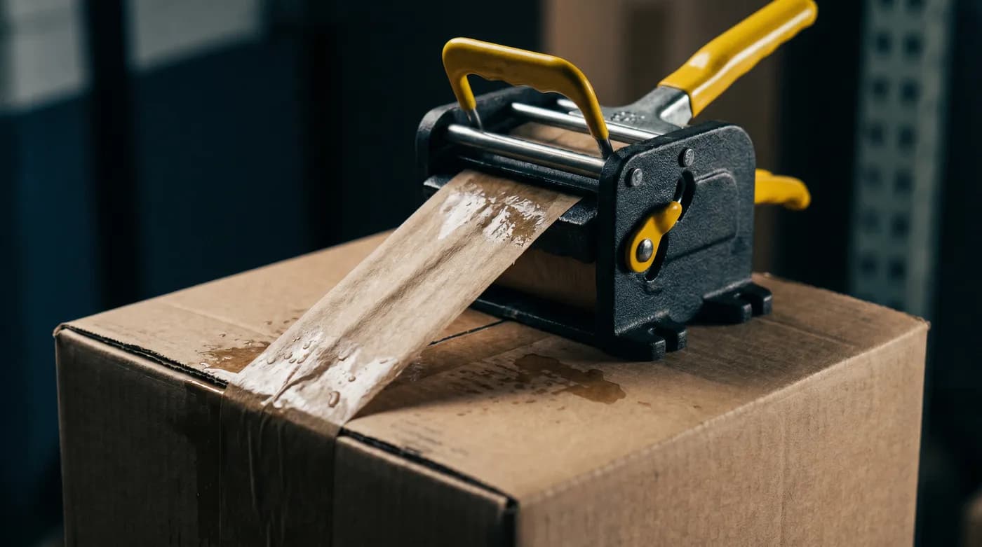 A water activated tape machine wetting and cutting gummed kraft paper tape for carton sealing